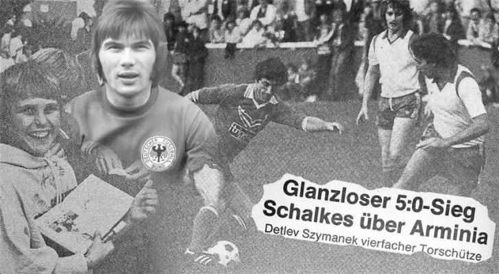 Den ehemaligen Nationalmannschafts-Torwart Norbert Nigbur (linke Bildhälfte, oben) konnten die Autogrammjäger im September 1981 in der Kampfbahn „Habichthorst“ nach seiner Unterschrift fragen. Theo Büker (rechts Bildhälfte) am Ball setzte sich beim S